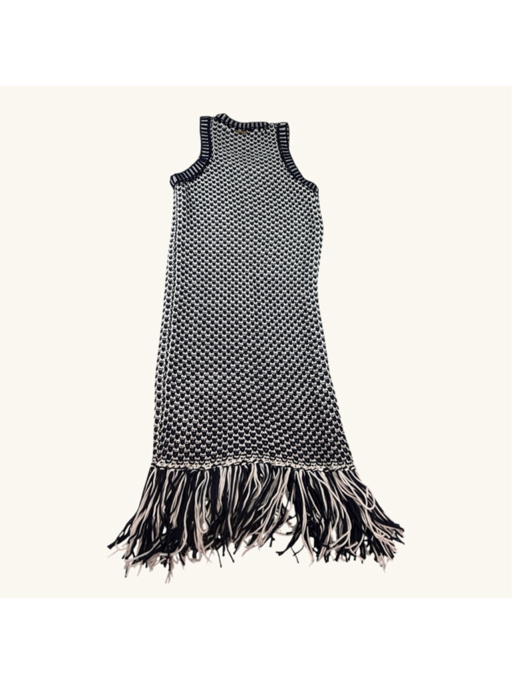 Michael Kors Navy White Knit Fringe Sleeveless Dress Women’s Size Medium - Picture 2 of 9